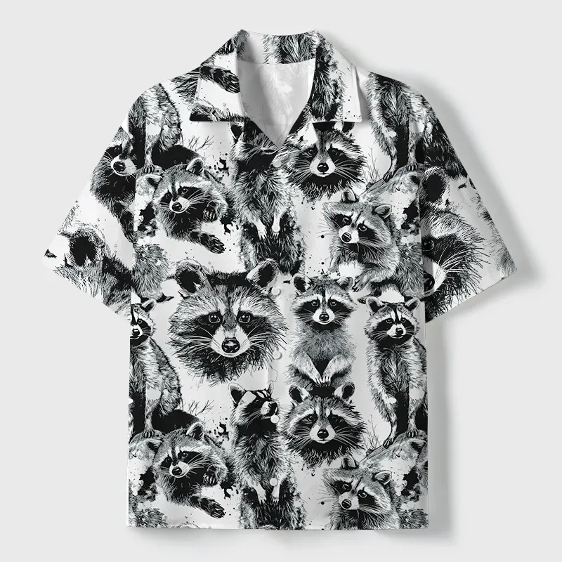 Tokyo-Tiger Playful Raccoon White Cuban Collar Shirt