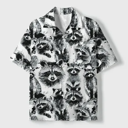 Tokyo-Tiger Playful Raccoon White Cuban Collar Shirt