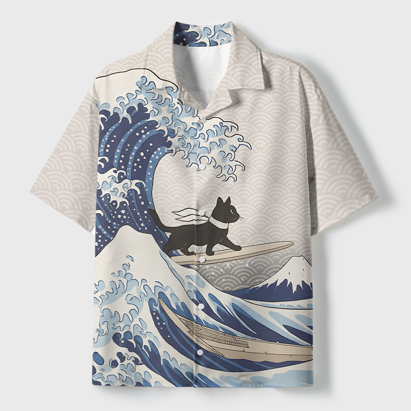 Tokyo-Tiger Black Cat Surfing Cuban Collar Shirt