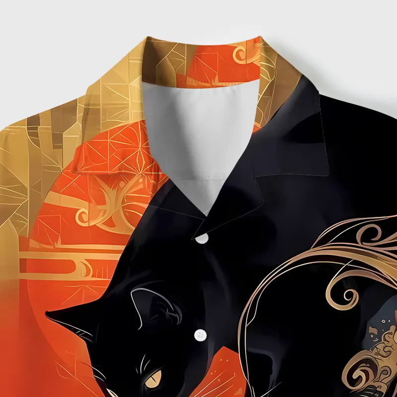 Tokyo-Tiger Koi Wave Under The Black Cat Cuban Collar Shirt