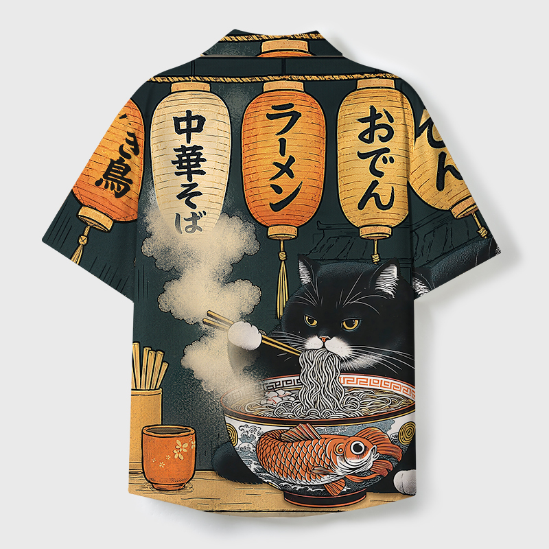 Tokyo-Tiger Fat Cat Eating Ramen Cuban Collar Shirt