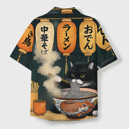 Tokyo-Tiger Fat Cat Eating Ramen Cuban Collar Shirt