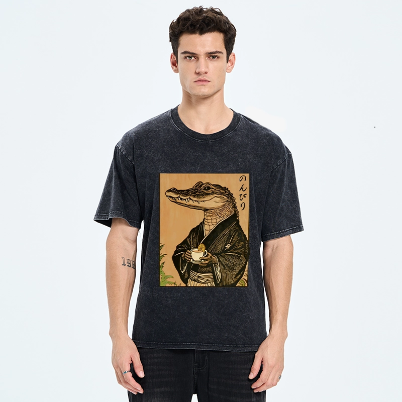 Tokyo-Tiger Alligator In Kimono Drinking Tea Washed T-Shirt
