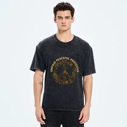 Tokyo-Tiger Vintage Floral Peace Symbol Print Washed T-Shirt