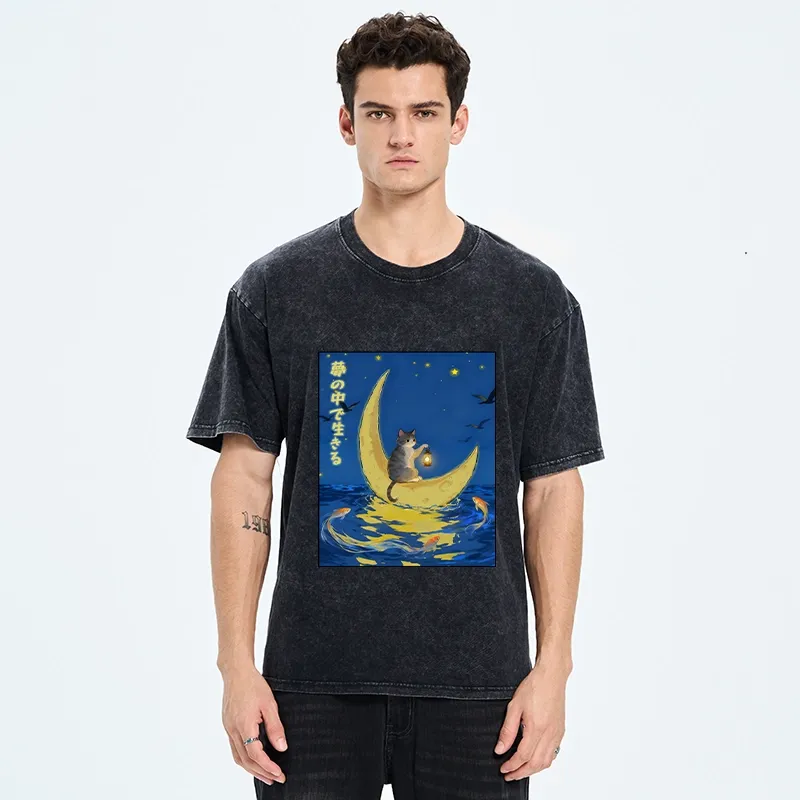 Tokyo-Tiger Cat On Moon Boat Over Sea Washed T-Shirt
