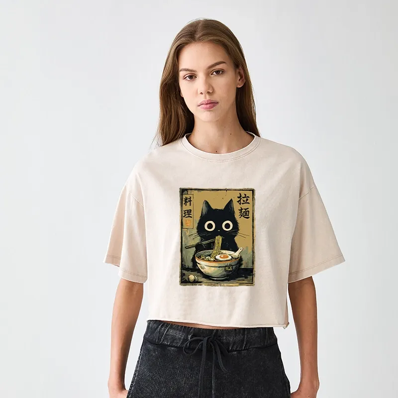 Tokyo-Tiger Cute Black Cat Eating Ramen Japan Women's Washed Crop T-Shirt
