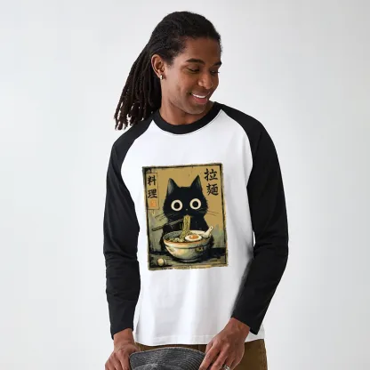 Tokyo-Tiger Cute Black Cat Eating Ramen Japan Raglan Long Sleeve T-shirt