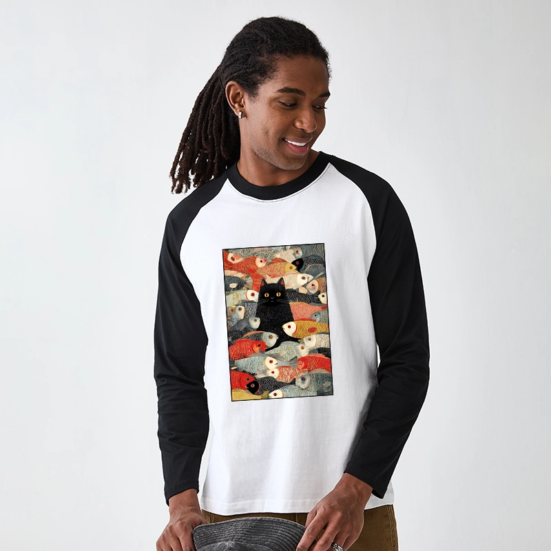 Tokyo-Tiger Cats And Fish Raglan Long Sleeve T-shirt