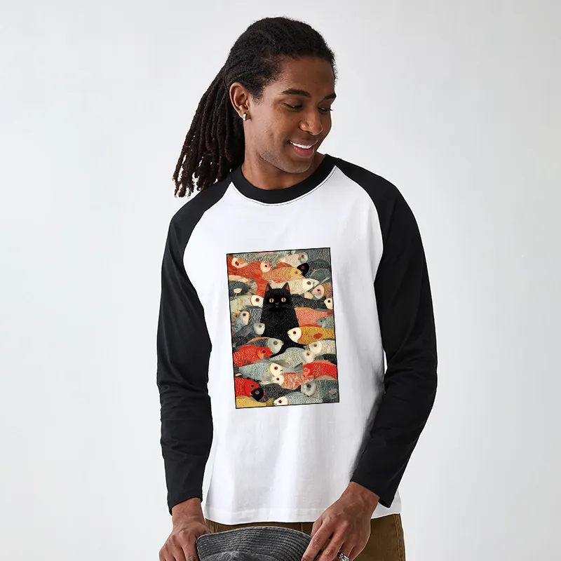 Tokyo-Tiger Cats And Fish Raglan Long Sleeve T-shirt
