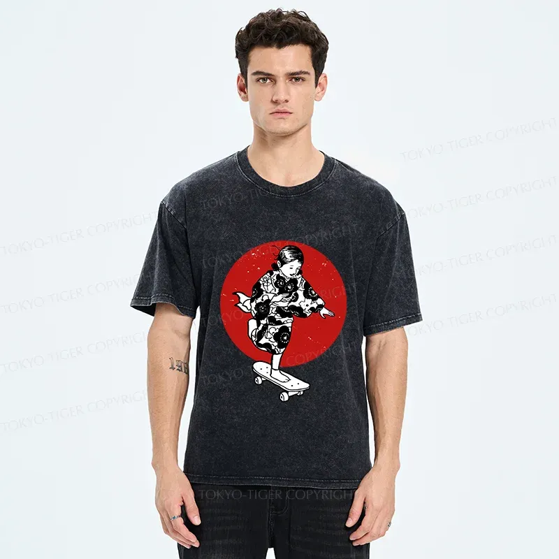 Tokyo-Tiger Kid On Skateboard Washed T-Shirt
