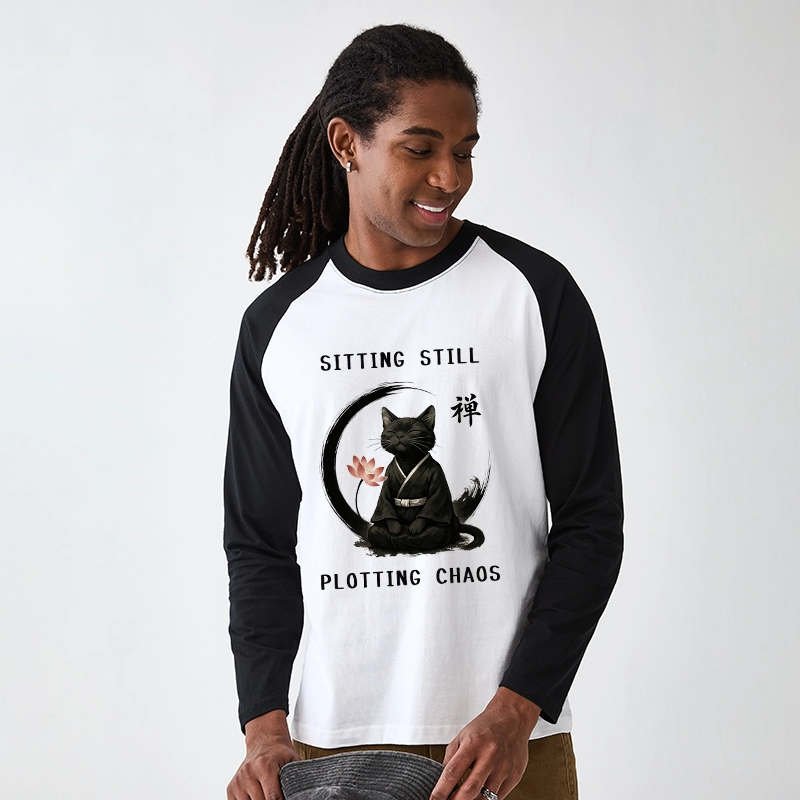 Tokyo-Tiger Sitting still  plotting chaos Calming Zen Cat Funny Raglan Long Sleeve T-shirt