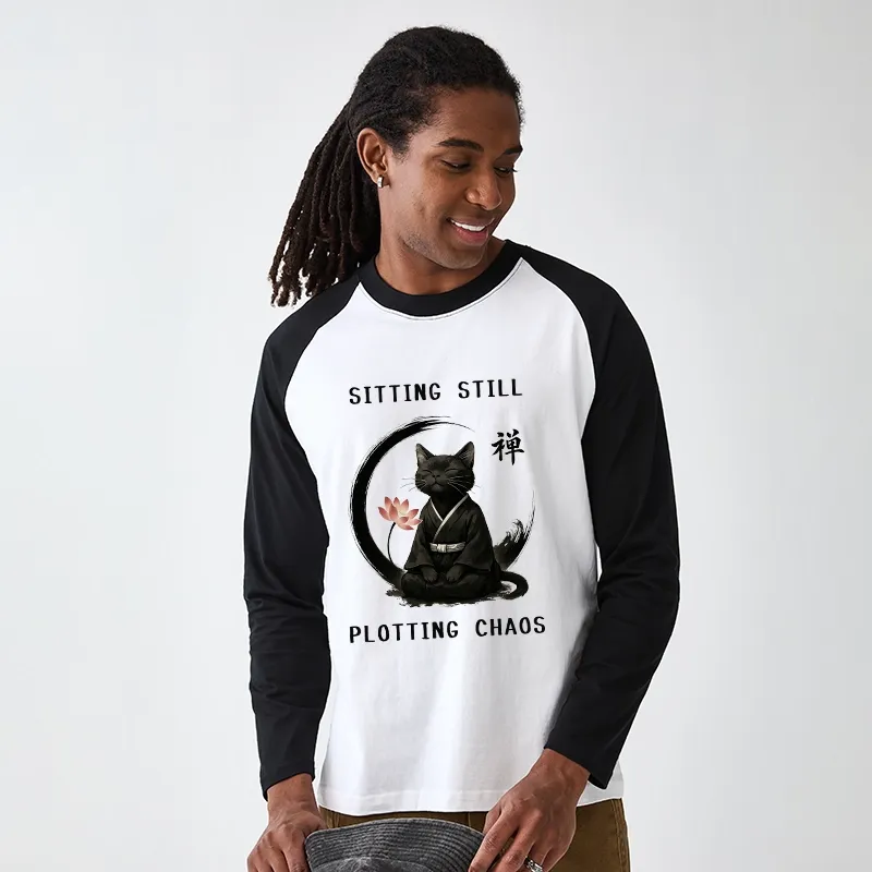 Tokyo-Tiger Sitting still  plotting chaos Calming Zen Cat Funny Raglan Long Sleeve T-shirt