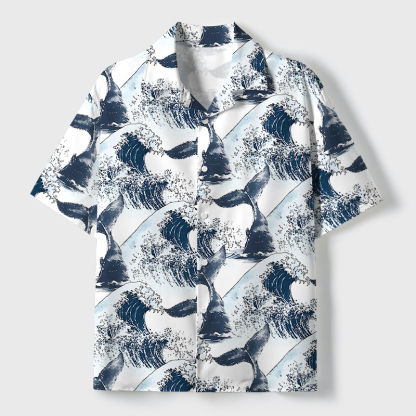 Tokyo-Tiger Whale Tail Wave Art Cuban Collar Shirt