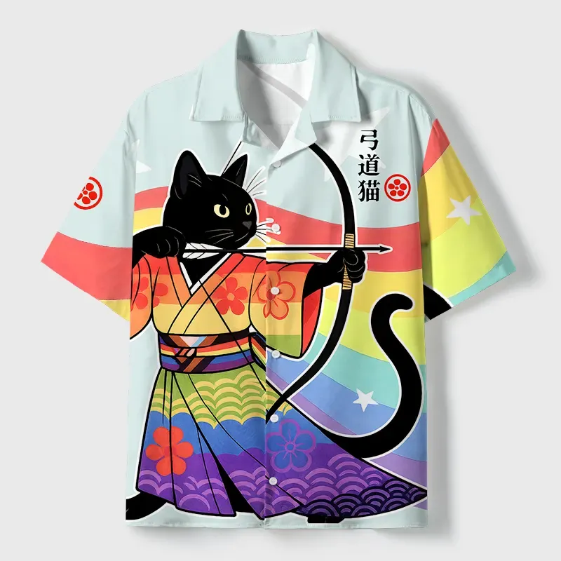 Tokyo-Tiger Rainbow Kimono Cat Archery Cuban Collar Shirt
