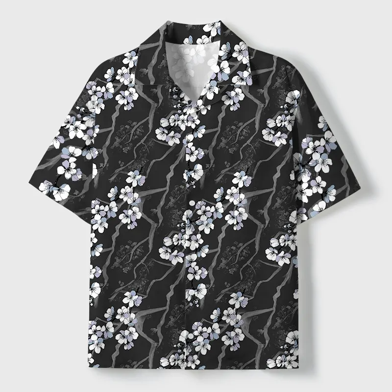 Tokyo-Tiger Sakura With Branches Cuban Collar Shirt