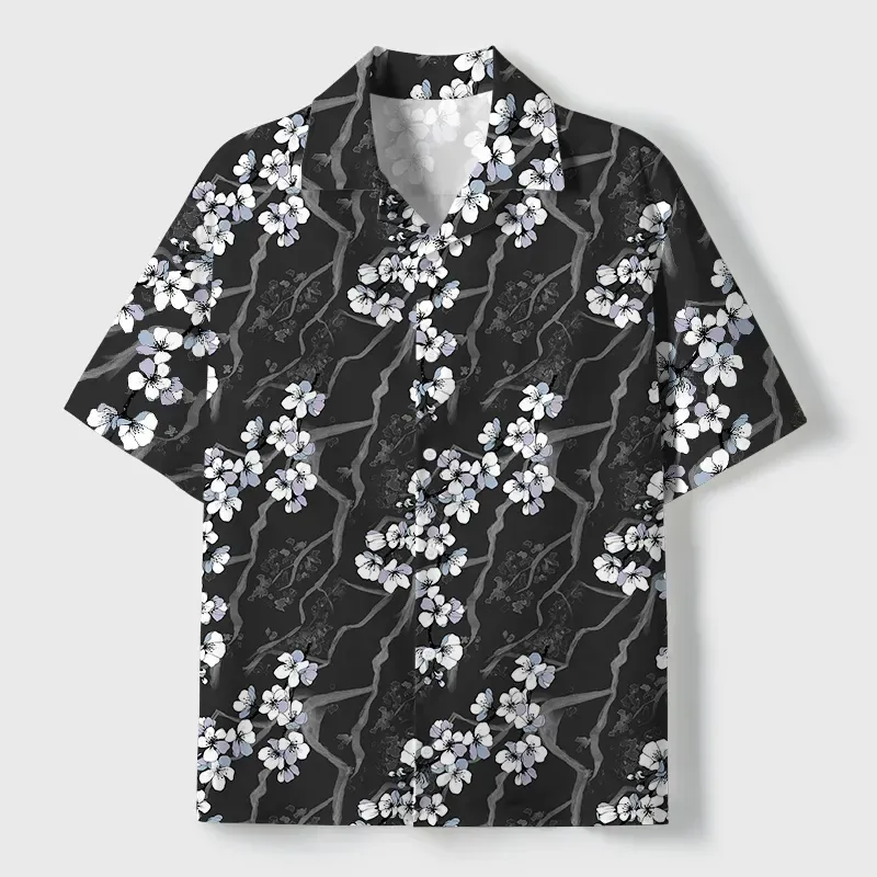 Tokyo-Tiger Sakura With Branches Cuban Collar Shirt