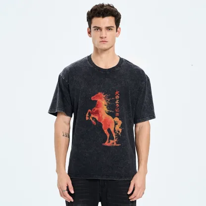 Tokyo-Tiger Fire Horse Japanese Art Washed T-Shirt