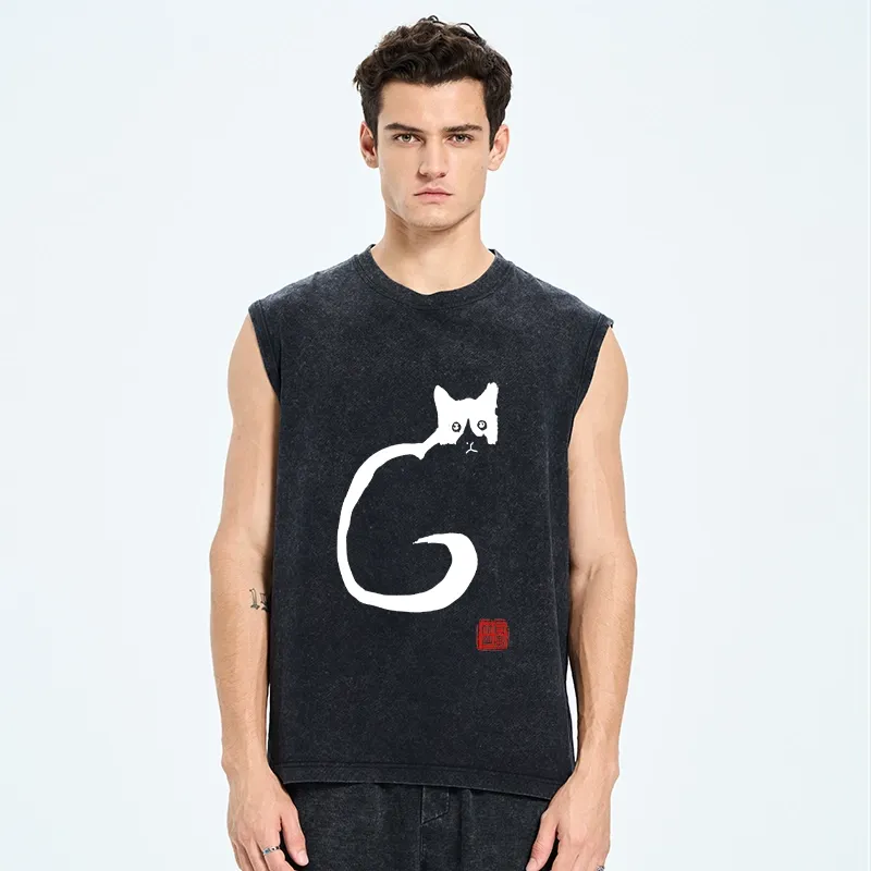 Tokyo-Tiger Calm Cat In Simple Lines Washed Tank