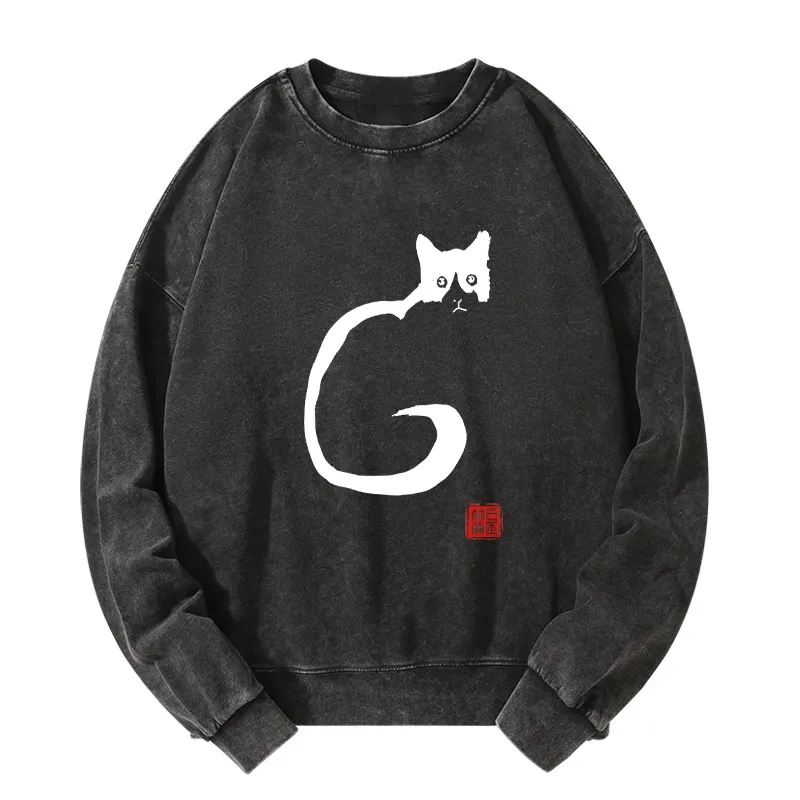 Tokyo-Tiger Calm Cat In Simple Lines Washed Sweatshirt