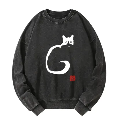 Tokyo-Tiger Calm Cat In Simple Lines Washed Sweatshirt