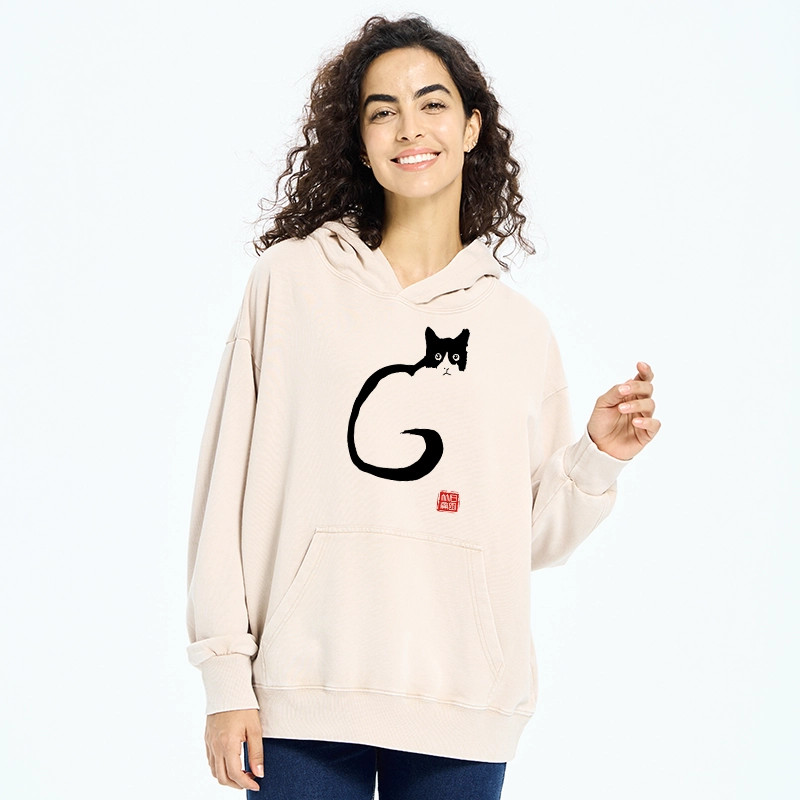 Tokyo-Tiger Calm Cat In Simple Lines Washed Hoodie