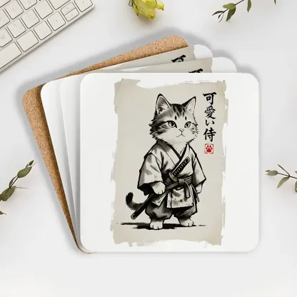 Tokyo-Tiger Japanese Samurai Cat Illustration Coaster