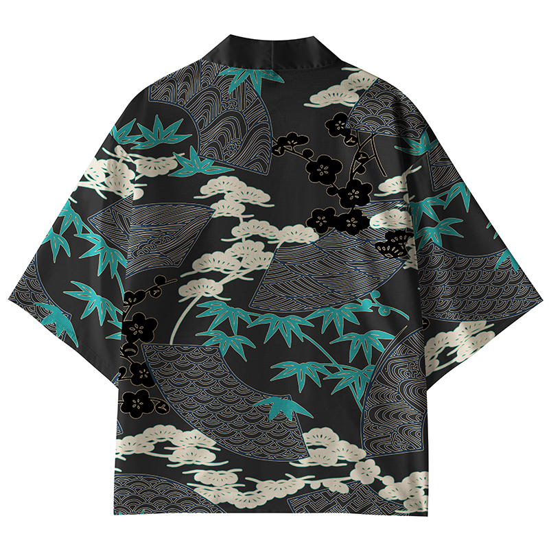 Tokyo-Tiger Folding Fans With Floral Kimono Cardigan