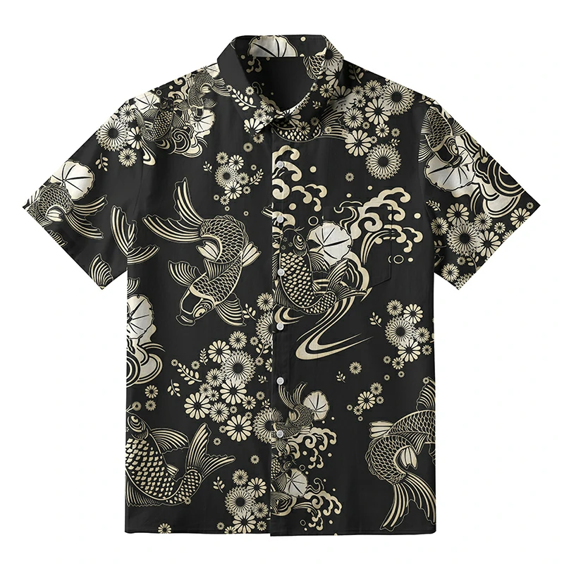 Tokyo-Tiger Elegant Koi Floral Button-up Shirt