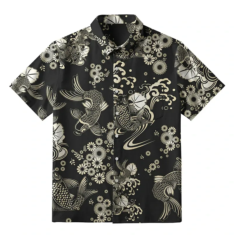 Tokyo-Tiger Elegant Koi Floral Button-up Shirt Sale