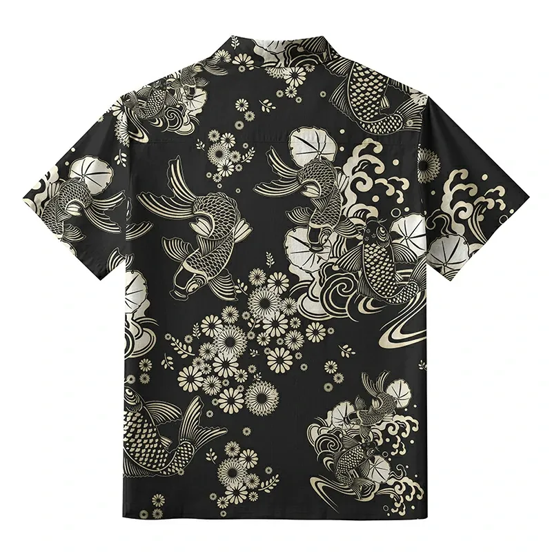 Tokyo-Tiger Elegant Koi Floral Button-up Shirt