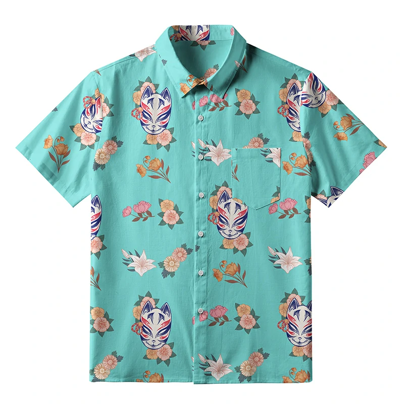 Tokyo-Tiger Fox Mask With Flowers Button-up Shirt