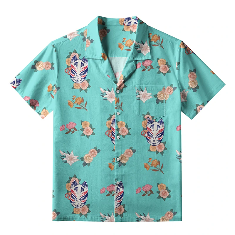 Tokyo-Tiger Fox Mask With Flowers Hawaiian Shirt