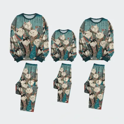 Tokyo-Tiger Formal Gathering of Ukiyo-e Cat Nobles Family Pajama Sets