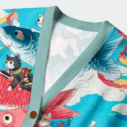 Tokyo-Tiger Cats And Japanese Carp Flags: A Dreamy Flight Ugly Cardigan Sweater