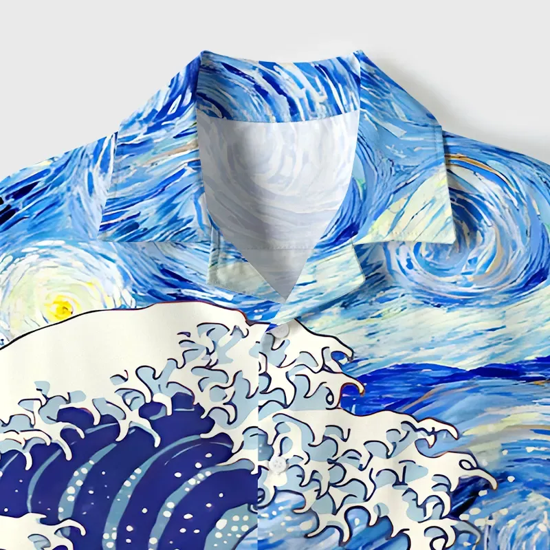 Tokyo-Tiger Waves Under The Starry Night Cuban Collar Shirt