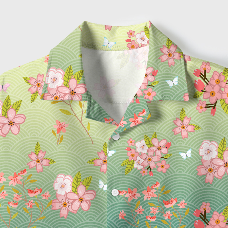 Tokyo-Tiger Sakura Blossom Waves Cuban Collar Shirt