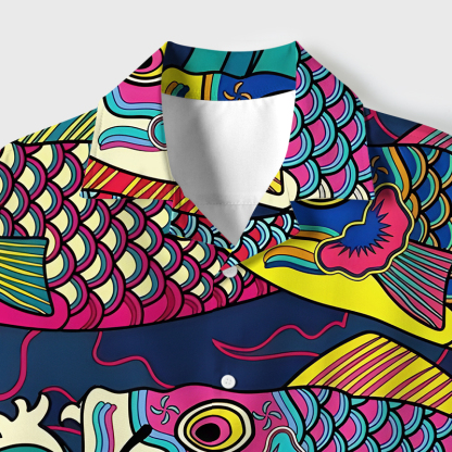 Tokyo-Tiger Colorful Japanese Koinobori Cuban Collar Shirt