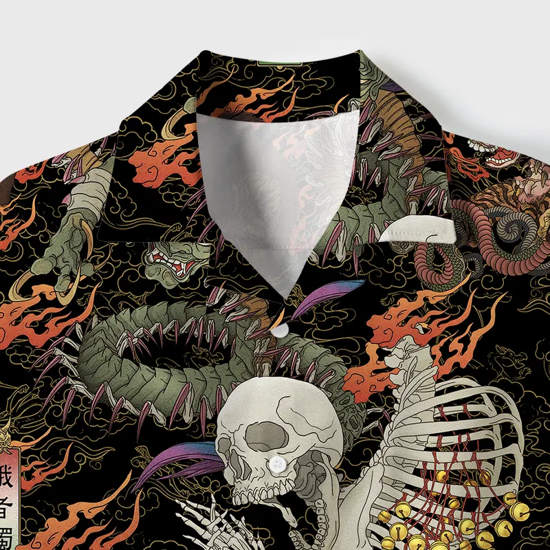 Tokyo-Tiger Japanese Yokai And Skeletons Cuban Collar Shirt