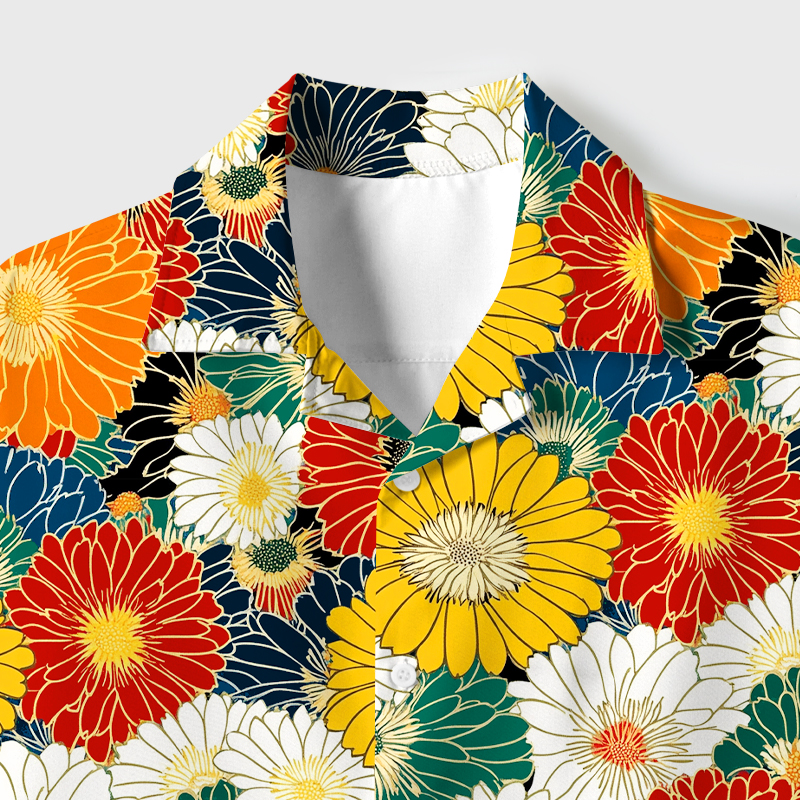 Tokyo-Tiger Colorful Chrysanthemums Cuban Collar Shirt