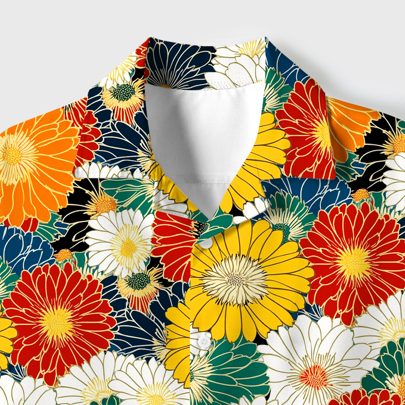 Tokyo-Tiger Colorful Chrysanthemums Cuban Collar Shirt