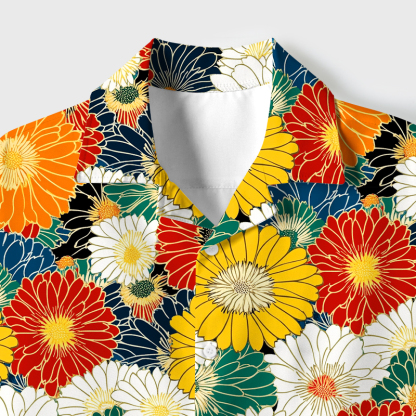 Tokyo-Tiger Colorful Chrysanthemums Cuban Collar Shirt