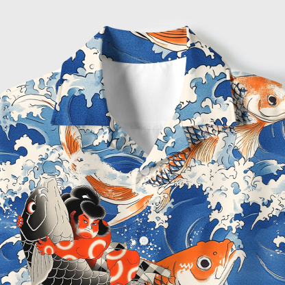 Tokyo-Tiger Sumo Wrestler Holding A Koi Cuban Collar Shirt