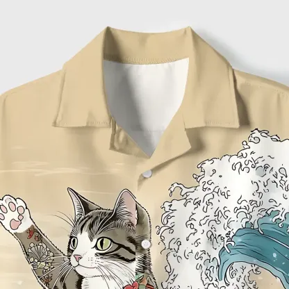 Tokyo-Tiger Cat Surfing Cuban Collar Shirt