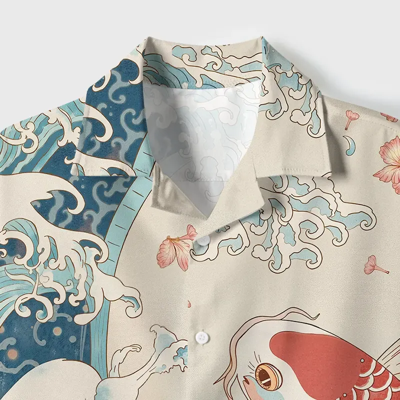 Tokyo-Tiger Koi With Sakura Waves Cuban Collar Shirt