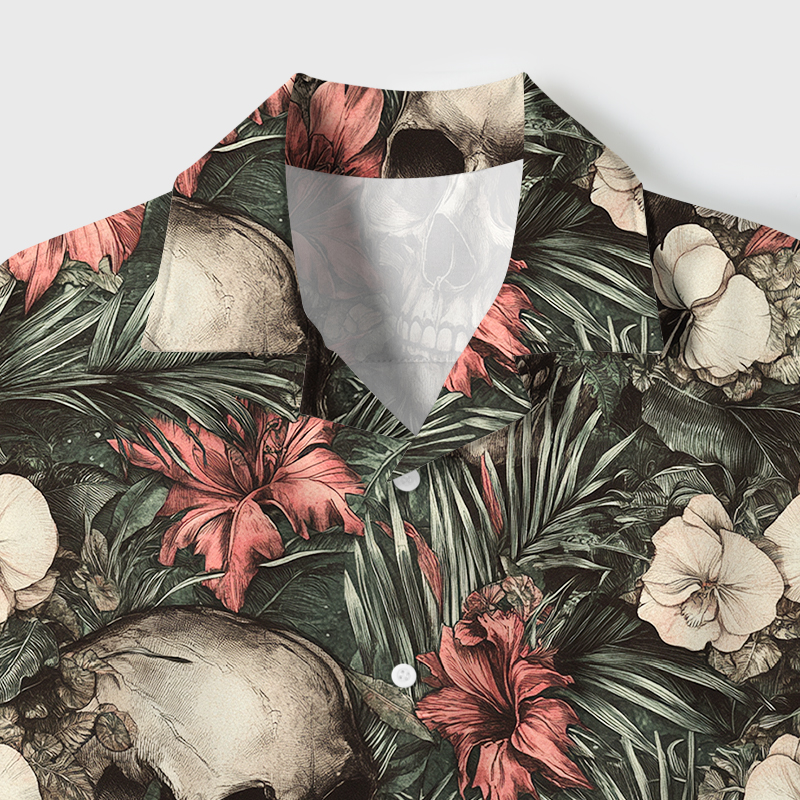 Tokyo-Tiger Skulls And Blooms Cuban Collar Shirt