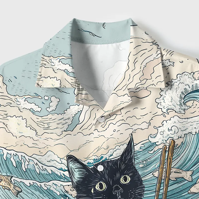 Tokyo-Tiger Naughty Cat Eating Ramen Cuban Collar Shirt