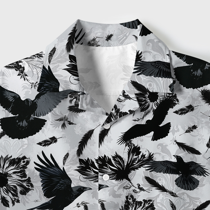 Tokyo-Tiger Crows Amongst Blossoms Cuban Collar Shirt