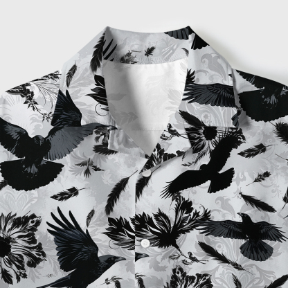 Tokyo-Tiger Crows Amongst Blossoms Cuban Collar Shirt