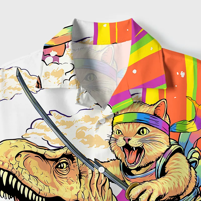 Tokyo-Tiger Rainbow Cat Rides A Dinosaur Cuban Collar Shirt
