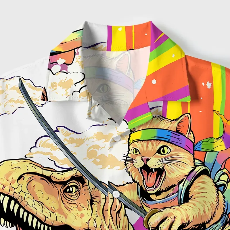 Tokyo-Tiger Rainbow Cat Rides A Dinosaur Cuban Collar Shirt